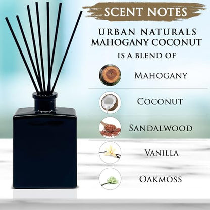 Reed Diffuser Set, Mahogany Coconut - Bathroom Shelf Décor | Sandalwood, Vanilla & Oakmoss, 5 ounce Sleek Black Rectangular Refillable Glass Bottle, Made in the USA - color: Mahogany Coconut