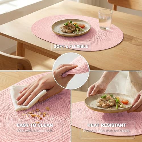 Placemats Set of 6, Woven Oval Braided Dining Table Mats(Blush Pink) | 12 x 17.5 Inch Size Fits Plates and Flatware; Hand Washable and Heat Resistant for Kitchen Use, with Farmhouse and Boho Style - color: Solid Pink, size: 6 pcs