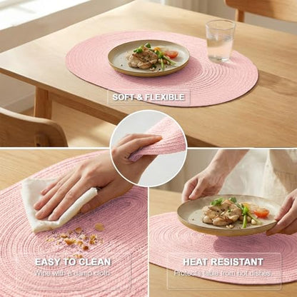 Placemats Set of 6, Woven Oval Braided Dining Table Mats(Blush Pink) | 12 x 17.5 Inch Size Fits Plates and Flatware; Hand Washable and Heat Resistant for Kitchen Use, with Farmhouse and Boho Style - color: Solid Pink, size: 6 pcs