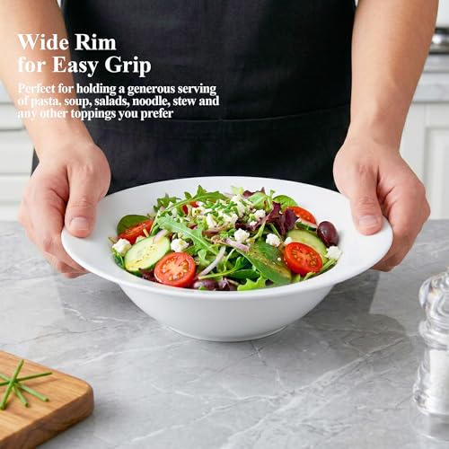 Soup and Pasta Bowls Set of 4, White Porcelain Wide Rim Salad Plates 27 oz Large Round Deep Plate 9 inch Ceramic Serving Bowl for Entree Dinner Noodle Kitchen Entertaining, Microwave & Dishwasher Safe - color: Round9.25"