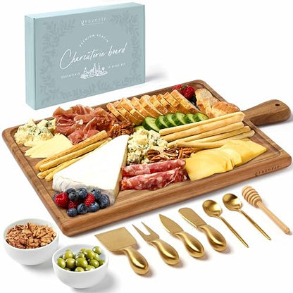 Charcuterie Board Set - Acacia Cheese Board Serving Tray with Accessories - House Warming Gifts for New Home, Bridal Shower & Wedding Gift, Birthday Gifts for Women - color: Acacia