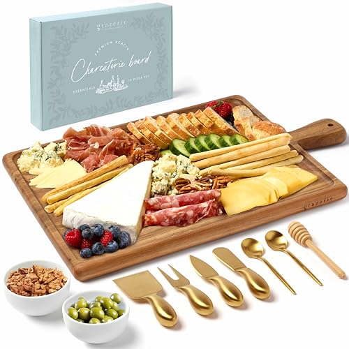 Charcuterie Board Set - Acacia Cheese Board Serving Tray with Accessories - House Warming Gifts for New Home, Bridal Shower & Wedding Gift, Birthday Gifts for Women - color: Acacia
