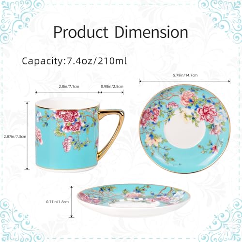 KAMMAK Tea Cup and Saucer, Ceramic Coffee Cups, 7.5 oz, Set of 2 | Porcelain Tea Cups with Saucers for Coffee and Cappuccino, Ideal for Breakfast, Afternoon Tea and Entertaining,633+634N - style: 633N+634N