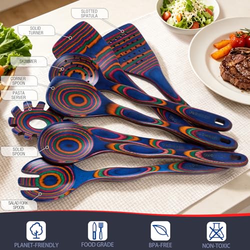 HOWHONG Colorful Wooden Cooking Utensils Set, 7-Piece Rainbow Pakkawood | Layered Pakkawood, Wooden Cooking Utensils, Nonstick Cookware Compatible, Heat Resistant, Handmade