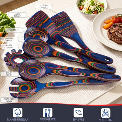 HOWHONG Colorful Wooden Cooking Utensils Set, 7-Piece Rainbow Pakkawood | Layered Pakkawood, Wooden Cooking Utensils, Nonstick Cookware Compatible, Heat Resistant, Handmade