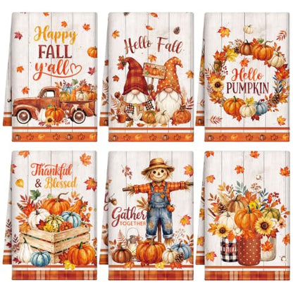 Redbaker 6 Pcs Fall Kitchen Towels Scarecrow Pumpkin Funny Dishcloth | Autumn Absorbent Farmhouse Decorative Fast Drying Tea Dish Towel with Hanging Loop for Kitchen Bathroom Housewarming Gift - style: Fall Scarecrow