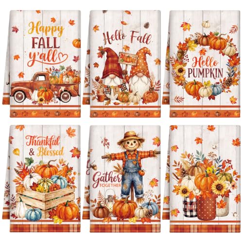 Redbaker 6 Pcs Fall Kitchen Towels Scarecrow Pumpkin Funny Dishcloth | Autumn Absorbent Farmhouse Decorative Fast Drying Tea Dish Towel with Hanging Loop for Kitchen Bathroom Housewarming Gift - style: Fall Scarecrow