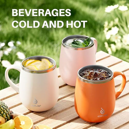 Ideus 16 oz Insulated Coffee Mug with Handle and Lid, Double Wall Stainless Steel Vacuum Thermal Coffee Mug, Travel Coffee Cup Thermal Cup for Home and Office (Orange Tiger 2.0, FUJI DAWN) - color: Orange Tiger 2.0