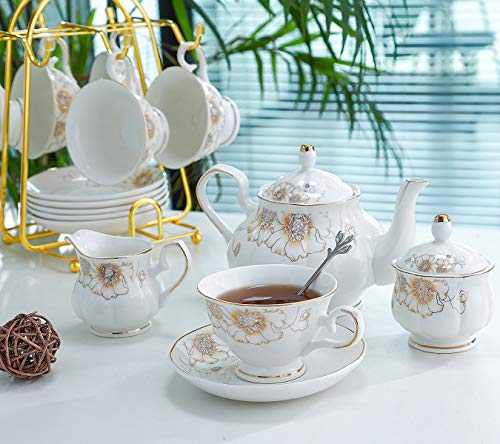 CHENP.HMC Tea Set 22-Piece Porcelain Ceramic Coffee(Chrysanthemum) | Tea Gift Sets Cups Saucer Service for 6 Teapot Sugar Bowl Creamer Pitcher and Teaspoons - color: White Yellow