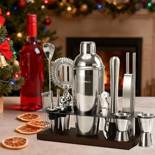 23-Piece Cocktail Shaker Set with Stand, 304 SS, Bartender Kit Gift | Complete Home Bar Set: Leak-proof Shaker, Jigger, Muddler, 18/8 Steel, Gift for beginners, cocktail lovers & house parties - color: Chocolate