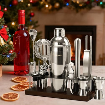 23-Piece Cocktail Shaker Set with Stand, 304 SS, Bartender Kit Gift | Complete Home Bar Set: Leak-proof Shaker, Jigger, Muddler, 18/8 Steel, Gift for beginners, cocktail lovers & house parties - color: Chocolate