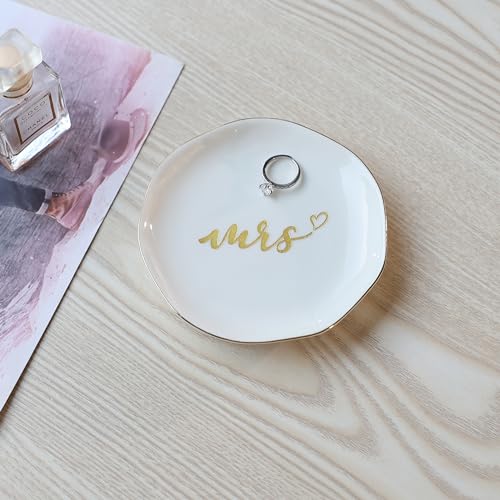 Mrs Ring Dish, Engagement&Wedding Gifts for Women, Bridal Shower Present,Ceramic Jewelry Tray, 4.5" - style: Mrs