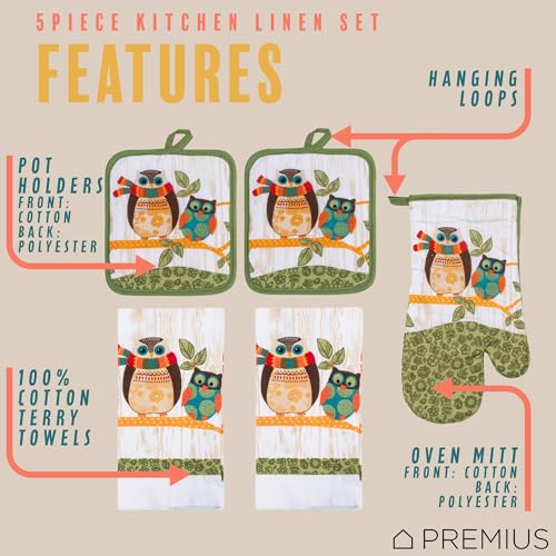 5 Piece Owls Printed Kitchen Linen Set By PREMIUS, 2 Cotton Towels, 2 Potholders, 1 Oven Mitt with Hanging Loop, 100% Cotton Material on Front & Polyester Backing, Perfect Kitchen Accessory, Gift - color: Owls