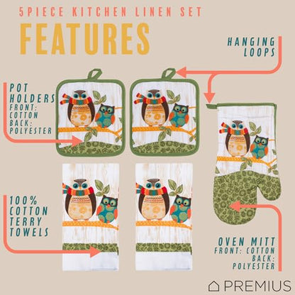 5 Piece Owls Printed Kitchen Linen Set By PREMIUS, 2 Cotton Towels, 2 Potholders, 1 Oven Mitt with Hanging Loop, 100% Cotton Material on Front & Polyester Backing, Perfect Kitchen Accessory, Gift - color: Owls