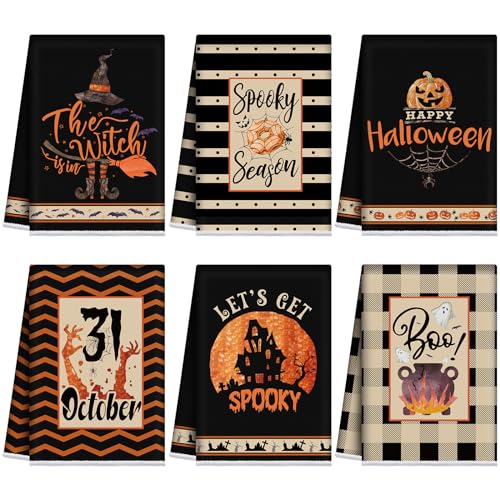 Ganeen 6 Pcs Halloween Kitchen Hand Towels Witch Pumpkin 14.2x21.3 | Spooky Season Designs with Witch Castle Boo Cauldron, Fiber Dish Towels Set for Bathroom Guest, October 31 Party Decor - color: Fashion