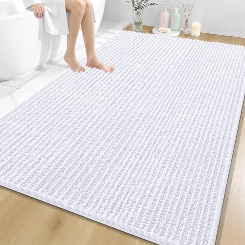 OLANLY Large Bathroom Rugs 70x46, Thick Soft Absorbent Chenille Bath Rugs | White, Quick-Drying Rubber Backing, Shaggy Bath Mat, Machine Washable for Floor, Tub and Shower, Home Decor Accessories - color: White, size: 70" x 46"