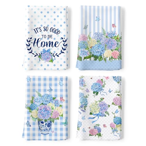 Hydrangea Tea Towels, 100% Cotton Kitchen Towels, Set of 4 | 18.9 x 27.5 in / 48 x 70 cm, Lightweight Woven Dish Cloth with Hydrangea Print for Kitchen Decor, Housewarming Gift - color: Hydrangea