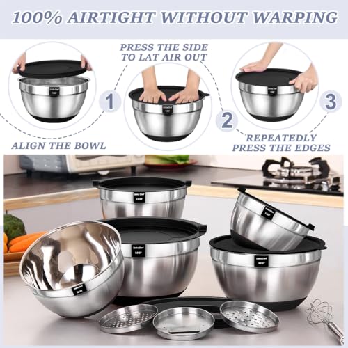Umite Chef Mixing Bowls with Airtight Lids Set, 8PCS Stainless Steel Nesting Bowls Set, 3 Grater Attachments & Non-Slip Bottoms, Size 5, 4, 3.5, 2, 1.5QT for Baking & Mixing(Black) - color: Black