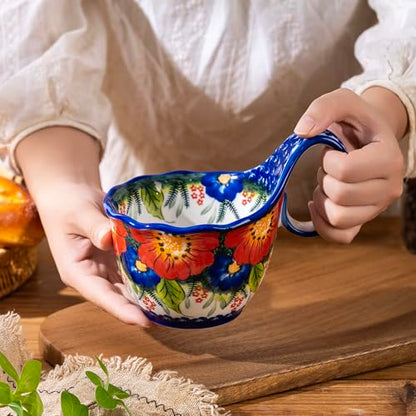 18oz Large Ceramic Soup Mug with Handle, Hand-Painted Floral Style Bowl, High-Fired Stoneware, Microwave & Dishwasher Safe, Ideal for Soup, Cereal, Oatmeal, Stews, and Gifts - color: Red & Blue Fiesta