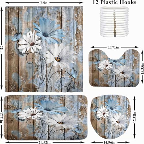 JAWO 4 Piece Blue Daisy Flower on Rustic Wooden Plank Country Style Shower Curtain Sets with Non-Slip Rugs, Toilet Lid Cover and Bath Mat, Shower Curtain with 12 Hooks - color: Blue-01, size: 5'10" x 5'10" (Rectangular)