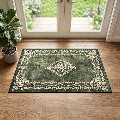 FlyDOIT Small Entryway Rug 2x3 Washable Area Rugs for Bathroom, Green | Vintage Boho Distressed Door Mat, Non-Slip Soft Low Pile Indoor Entrance Floor Carpet for Kitchen College Dorm Office Decor - color: Green, size: 2' x 3' (Rectangular)