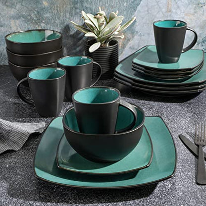 Gibson Elite Soho Lounge 16-Piece Reactive Glaze Dinnerware Set – Teal and Black Tutone Stoneware Plates and Bowls - color: Teal/Black (Soho Lounge), size: Service for 4 (16pcs)