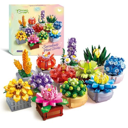 PIKARO Flowers Succulents Building Sets, 12 Plants, for Kids Adults Women | Botanical Collection Building Block Toy, Creative Birthday Housewarming Gifts, Artificial Plant Kit, Home Decor (1174 PCS)