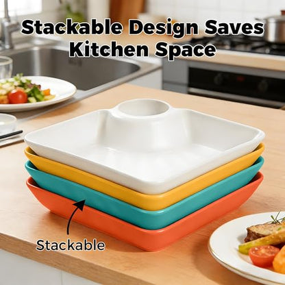 4 Pcs Chips and Salsa Serving Dish Plates, Veggie Platter Dipping Serving Trays with Sauce Rack for Buffet, Family Party, Appetizer, Sushi, Taco, Salsa, Charcuterie, Barbecue Plate. Reusable (All) - color: All