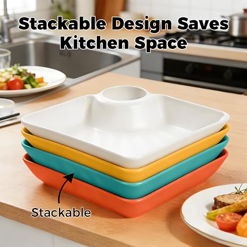 4 Pcs Chips and Salsa Serving Dish Plates, Veggie Platter Dipping Serving Trays with Sauce Rack for Buffet, Family Party, Appetizer, Sushi, Taco, Salsa, Charcuterie, Barbecue Plate. Reusable (Green) - color: Green