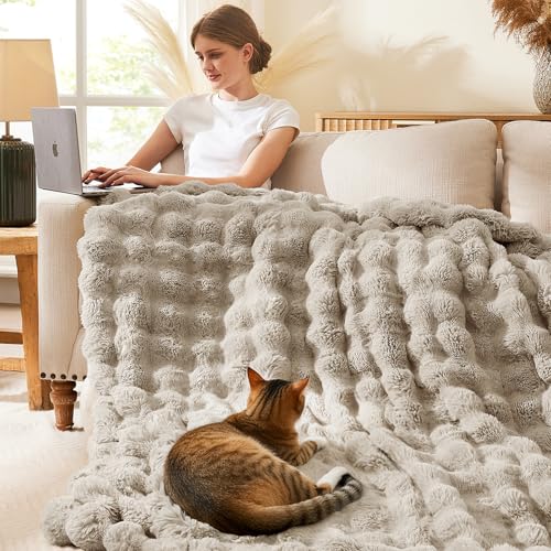 L'AGRATY Faux Rabbit Fur Throw Blanket for Couch, 90'' x 90'', Castle Grey | Soft Cozy Bubble Fluffy Blanket for Sofa Bed, Thick Warm Plush Fuzzy Throw for Room Home Decor, Luxury Gift for Women Mom - color: Castle Grey, size: 90" x 90"
