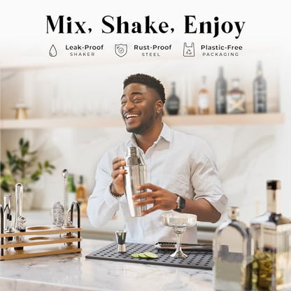 BARE BARREL® Mixology Bartender Kit Bar Set | 14-Piece Cocktail Shaker Set | Martini Barware Mixing Tools for Home Bartending | 35 Recipe Cards | Gift Set (24oz Cobbler Shaker, Silver/Natural) - color: Silver/Natural