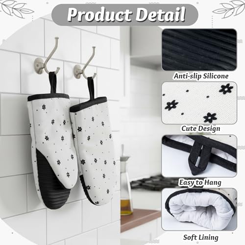 Mini Oven Mitts Set - 5.5” x 8.6” Small Heat Resistant Kitchen Mitt with Non-Slip Silicone Grips Palm, Soft Filling Washable Gloves with Hanging Loop for Home Cooking Baking Picnic (Flower) - color: White
