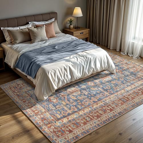 GLN Rugs Bohemian - Jerusalem - Machine Washable Area Rug, Boho Washable, Non Slip, Low Pile Chenille Area Rug, Living Room, Bedroom, Kitchen Rug - Easy Clean (8' x 10' Terra/Slate Blue) - color: Terra/Slate Blue, size: 8' x 10' (Rectangular)