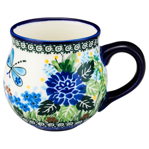 13oz Ceramic Coffee Mug, Hand-Painted Floral Polish Pottery Style Cup, Large Stoneware Tea Mug with Handle, Microwave & Dishwasher Safe (Butterfly and flower A) - color: Butterfly and flower A