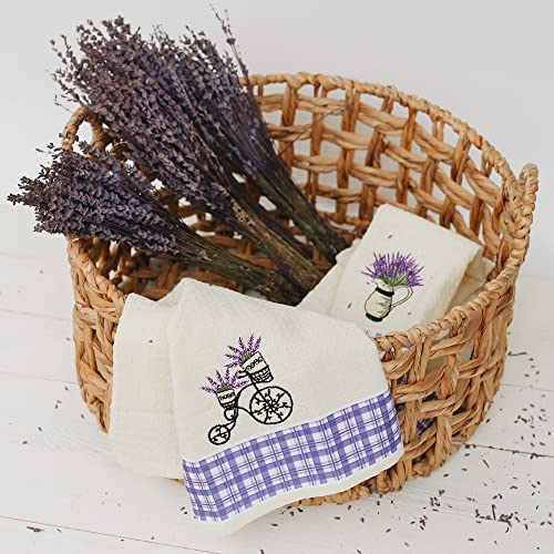 Lavien Home Cotton Kitchen Towels Set of 4 - Lavender Embroidered Tea Towels, Absorbent and Soft Waffle Weave with Plaid, 16x24 inches - color: Lavender Plaid