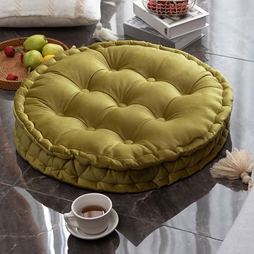 Round Floor Cushion 23.6 Inch Dutch Velvet Tufted Thick, Yellow-Green | Thick 2.8-Inch Support for Meditation & Yoga, Portable Handle for Living Room Balcony Dorm Tatami Reading Nook - color: Yellow-green