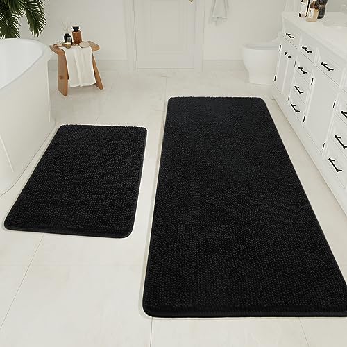 LOCHAS Bathroom Rugs Sets 2 Piece, Chenille Non Slip Bath Mat Set, Black | Thick Absorbent Machine Washable Quick Dry Carpet for Bathroom Floor - color: Black, size: 2' x 5' (Rectangular)
