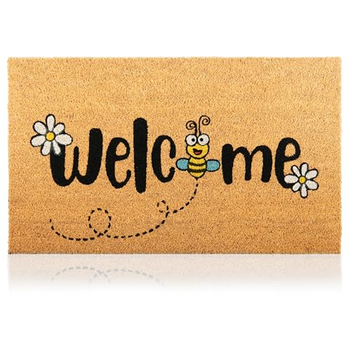 Coir Welcome Mat, Non-Slip, Bee, 17 x 29 in | 100% Natural Coir, Anti-Shedding, Durable PVC Backing, Traps Dirt and Mud, Indoor and Outdoor Entryway, Easy to Clean - color: Bee, size: 17x29