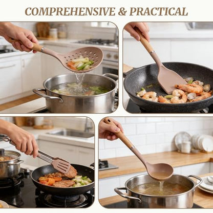 Chef Kitchen Cooking Utensils Set, Heat Resistant Silicone Kitchen Utensils Sets with Storage Rack, 7PCS Gadgets Tools Set with Wooden Handle for Nonstick Cookware,Tongs, Turner, Skimmer (Khaki) - color: Khaki