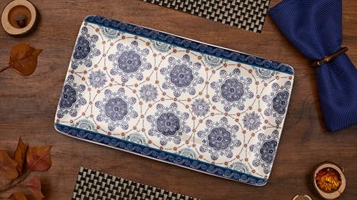 Bico Blue Talavera Ceramic 14 inch Rectangular Serving Platter, Set of 2, for Serving Salad, Pasta, Cheese, Ham, Appetizer, Microwave & Dishwasher Safe - style: Blue Talavera