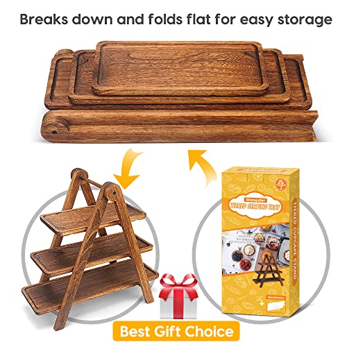 Manspdier Wood 3 Tier Serving Tray Three Tiered Cupcake Stand, Rectangle Serving Platter Wooden Farmhouse Tiered Tray, Party Serving Brown Decorative Tray Decor - size: 17.2X5.5 Inch