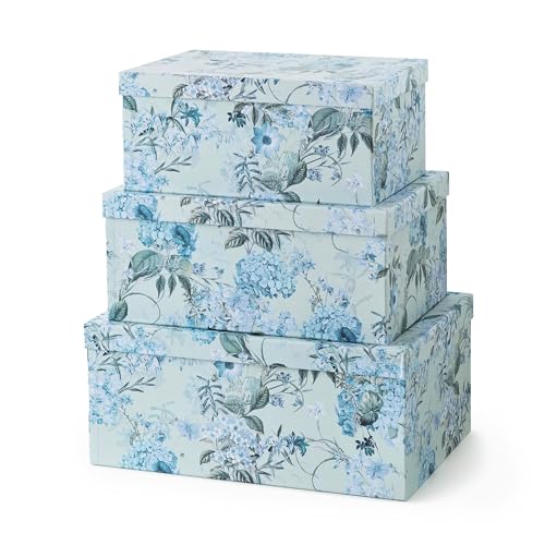 Soul & Lane - Springtime Joy Decorative Storage Boxes with Lids, Set of 3 | Large Nesting Keepsake Boxes for Memories, Photos and Gifts, Sturdy Blue Hydrangea Flowered Containers for Home Decor - color: Springtime Joy