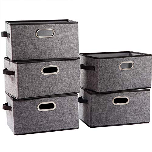 Large Collapsible Storage Baskets for Closet [5-pack] Decorative Fabric Storage Bins Cubes with Leather/Metal Handles for Shelves Bedroom Living Room Grey (14.9x9.8x8.3 Inch) - color: Grey&black Trim, size: Large(5-Pack)