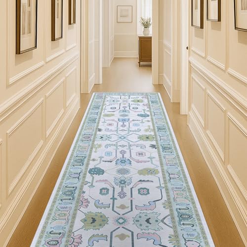 Fame Living Cream Green Oushak Runner Rug, Modern Runners, Turkish, Eclectic, Floral, Pastel, Washable, Long Runner Rugs for Hallway, Kitchen, Living Room, Bedroom, Kitchen, Bathroom, 2'5"x13' - color: Cream Green, size: 2'6" x 13' (Rectangular)