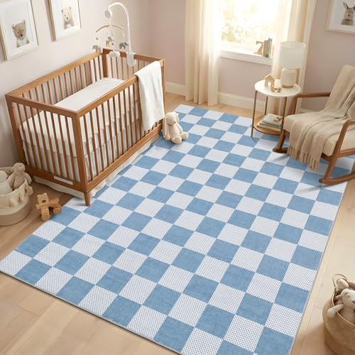 GarveeHome Checkered Blue 3x5 Washable Coastal Rug Low-Pile Nursery Bedroom | Light Blue Small Area Rug for Bathroom Entryway Non-Slip Soft Stain Resistant Geometric Rugs TPE Backing - color: Light Blue, size: 3' x 5' (Rectangular)