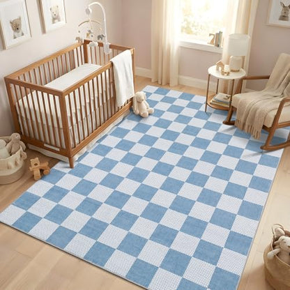 GarveeHome Checkered Blue 3x5 Washable Coastal Rug Low-Pile Nursery Bedroom | Light Blue Small Area Rug for Bathroom Entryway Non-Slip Soft Stain Resistant Geometric Rugs TPE Backing - color: Light Blue, size: 3' x 5' (Rectangular)