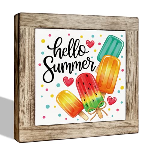 Hello Summer Popsicle Wooden Sign - Fun Rustic Summer Tabletop Decor for Home Office Kitchen Living Room, Colorful Popsicle and Heart Design for Tiered Tray Mantel - color: Summer 03