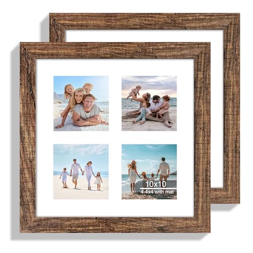 Hongkee 10x10 Picture Frame Set of 2, Real Glass and Rustic Brown Collage Frame, Display Pictures Four Opening 4x4 With Mat or 10 x 10 Without Mat for Wall Hanging or Tabletop - color: Rustic Brown, size: 10x10 in matted to 4-4x4