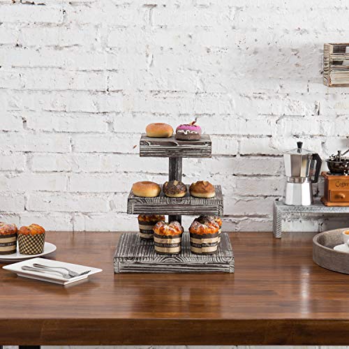 MyGift 3 Tier Cupcake Stand, Torched Wood Dessert Display Stand, Tiered Tray for Cakes, Appetizers Party Table Decor, Farmhouse Serving Tower