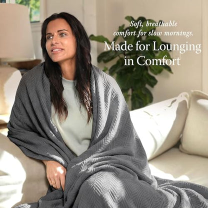 Threadmill Cotton Twin Blanket, Herringbone, Dark Grey, All-Season | 100% Cotton, Herringbone Pattern, 350 GSM, 68x92 in, Breathable, Moisture-Wicking, All-Season, OEKO-TEX Certified - color: Dark Grey, size: Twin (68" x 92")